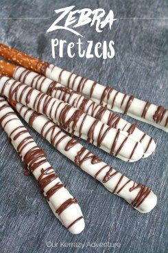 Zebra Pretzels and Free Valentine's Day Printable - Our Kerrazy AdventureBloglovinEmailFacebookInstagramPinterestTwitter Zebra Pretzel Sticks, Zebra Tails Pretzels, Vbs Jungle Theme Snacks, Zebra Desserts, Zebra Party Ideas, Zoo Party Food, Safari Party Foods, Vbs Jungle, Vbs Snacks