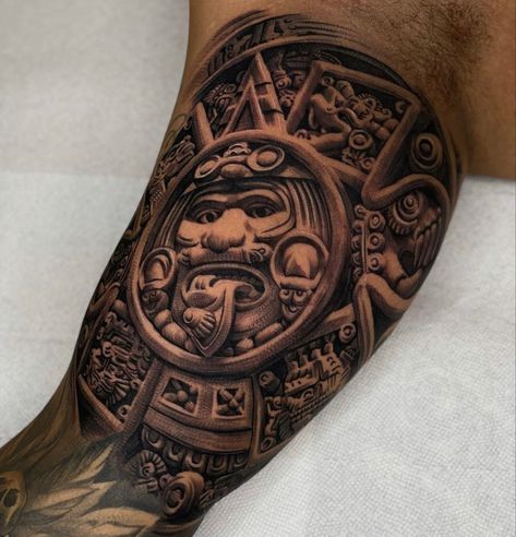 Aztec Tattoos Men, Aztec Arm Tattoo, Mexican Tattoo Designs, Aztec Calendar Tattoo, Jungle Sleeve, Men's Tattoo Ideas, Maya Temple, Best Tattoos For Men, Aztec Gods