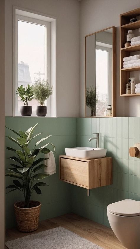 Bathroom designing ideas Minimalist Scandinavian Bathroom, Tiny Green Bathroom, Scandinavian Interior Green, Small Bathroom Sage Green, Tiny Bathrooms Ideas, Small Sage Green Bathroom, Minimal House Design Small Spaces, Small Bathroom Ideas Modern Space Saving, Toilet Scandinavian