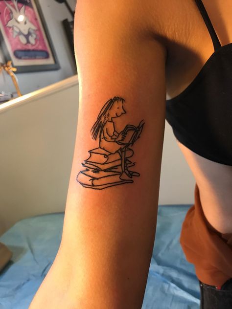 Matilda by Lyndi Lou, Mama Tried, Louisville, KY Matilda Tattoo, Harry Styles Matilda, Harry Styles Inspired Tattoos, Literary Tattoo, 22 Tattoo, Harry Tattoos, J Tattoo, Bookish Tattoos, Mama Tried