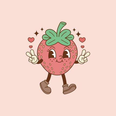 linda retro ilustración de fresa caminando y sonriente Fresa Dibujo, Fresas Aesthetic, Retro Presentation, Logos Retro, Strawberry Art, Punch Needle Patterns, Folder Design, Retro Logos, Cute Strawberry