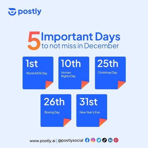 Cheers to a happy new month 🥂 Here are 5 important days in December that deserve celebration or awareness. You can use these important days to create content to either celebrate people or educate your audience on what the day signifies. To view more important days in your local area, check out the lower right area of your Postly dashboard: postly.ai ——————————- #importantdaysindecember #holidaysindecember #socialmediamarketer #contentideas #contentcreation #contentcreationtips Important Days In December, Happy New Month, Aids Day, World Aids Day, December Holidays, Create Content, Boxing Day, New Month, Local Area