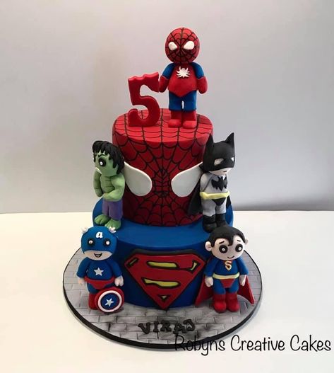 2 tier Superhero fondant birthday cake Fondant Cakes Birthday, Superhero Birthday Cake, Superhero Birthday, 4th Birthday, Fondant, Birthday Cake, Cake, Birthday