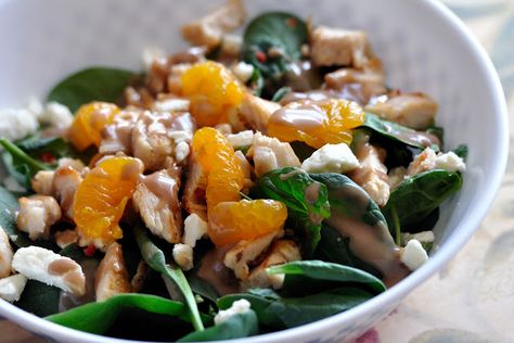 Gluten Free Goodness: Calypso Spinach Salad - Rumbi Island Grill Copycat Creamy Balsamic Vinaigrette, Caramelized Walnuts, Grub Hub, Island Food, Balsamic Vinaigrette, Cat Recipes, Bacon Bits, Spinach Salad, Delicious Salads