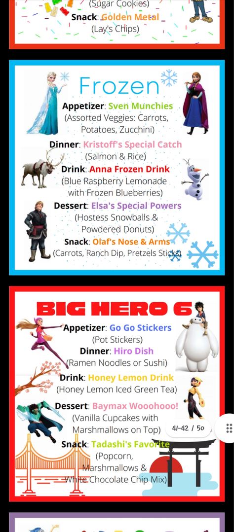 Frozen Menu Ideas, Date Ideas Movie Night, Dinner Based On Movies, Elemental Movie Food, Disney Movie Night Food Ideas, Disney Food Recipes Movies Dinner, Movie And Dinner Theme Adults, Disney Recipes Dinner, Disney Inspired Food Movie Nights