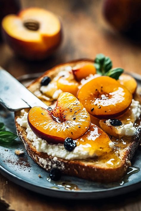 Ricotta Toast with Warmed Peaches Healthy Toast Toppings, Lemon Posset Recipe, Posset Recipe, Roasted Peaches, Summer Pasta Recipes, Cinnamon Sugar Pretzels, Whipped Ricotta, Ricotta Toast, Summer Breakfast