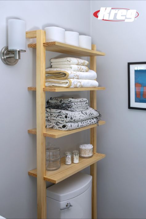 Add elegant storage to any bath with this simple, compact, but functional over-the-toilet ladder shelf. It’s a great place to store bathroom necessities in a room that’s always storage-challenged. Plus, it’s a perfect place to show off those beautiful guest towels nobody is ever allowed to use. Free printable plans with how-to steps, tools & materials list, cut list & diagram. Save Now, Build Later! #DIY #bathroom #storage #shelves #woodworking Bathroom Shelves For Towels, Diy Bathroom Storage Ideas, Shelves Above Toilet, Toilet Shelves, Diy Regal, Diy Bathroom Storage, Project Plan, Bathroom Organization Diy, Creative Bathroom