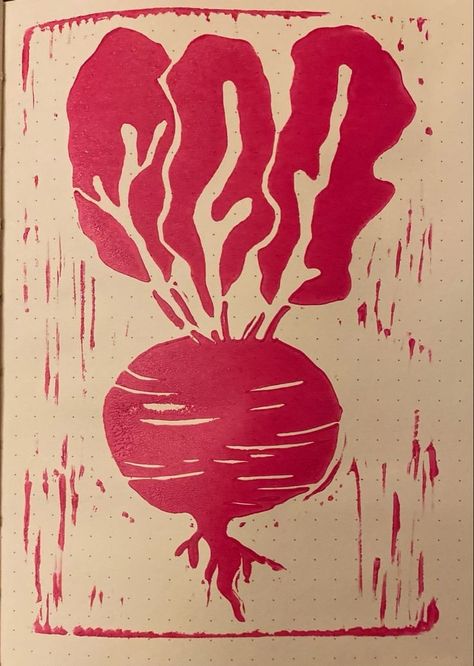 Lino Carving Ideas, Radish Drawing, Lino Cut Ideas, Radish Illustration, Radish Art, Lino Cuts, Lino Printing, Linoleum Print, Linocut Printmaking