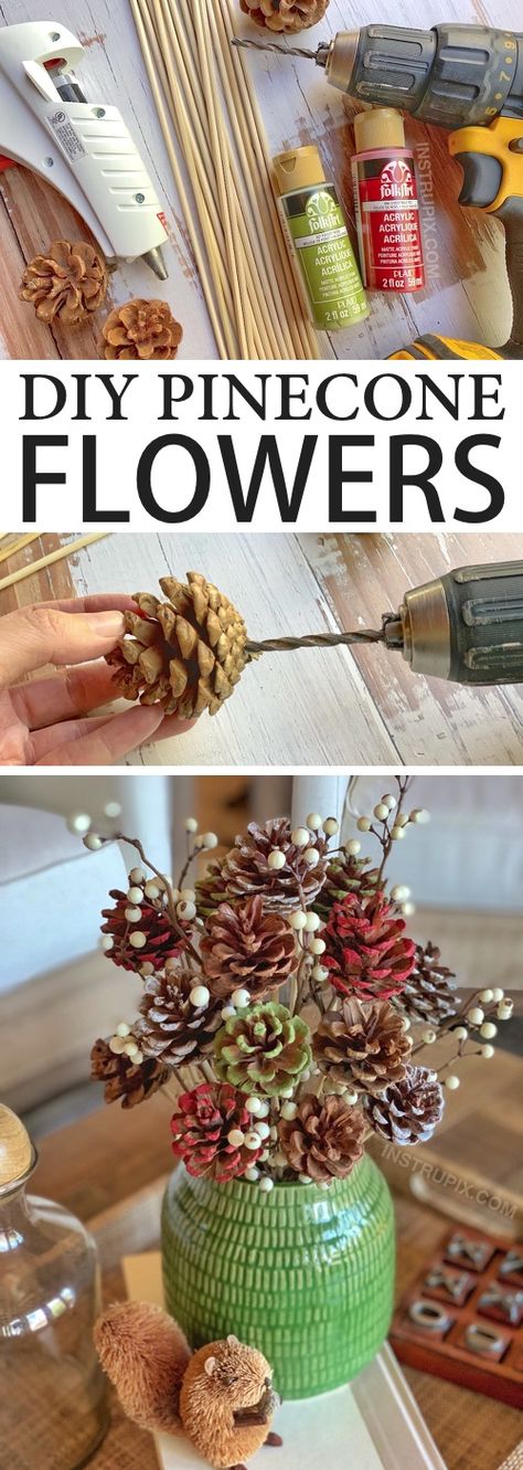 Craft Idea For Adults: Easy DIY Pinecone Flowers With Stems Diy Pinecone Crafts, Pine Cone Bouquet, Cone Bouquet, Pinecone Flowers, Flowers With Stems, Wooden Skewers, Pinecone Crafts Christmas, Pinecone Crafts, Painted Pinecones