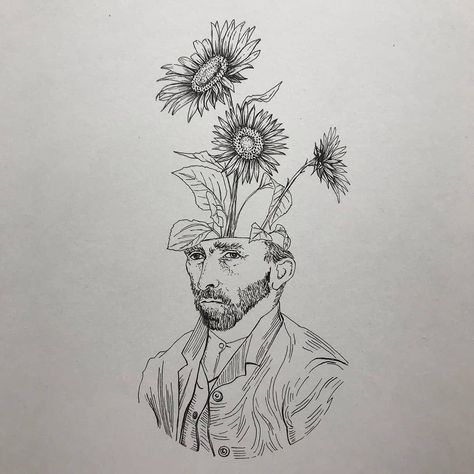 Sunflower Head Tattoo, Van Gogh Tatuaje, Van Gogh Tattoo, Van Gogh Drawings, Sunflower Sketches, Tattoo Van, Sunflower Head, Flower Wrist Tattoos, Sunflower Drawing