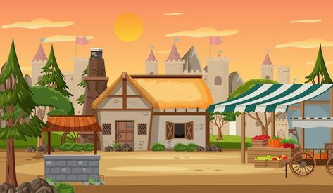 Medieval town scene with market place | Premium Vector #Freepik #vector #old-village #village-house #village-background #cartoon-village Cartoon Village Background, Village Background Indian, Cartoon Village, Indian Cartoon, Cartoon Town, Village Background, Green Screen Images, Free Cartoon Characters, Photoshop Backgrounds Backdrops