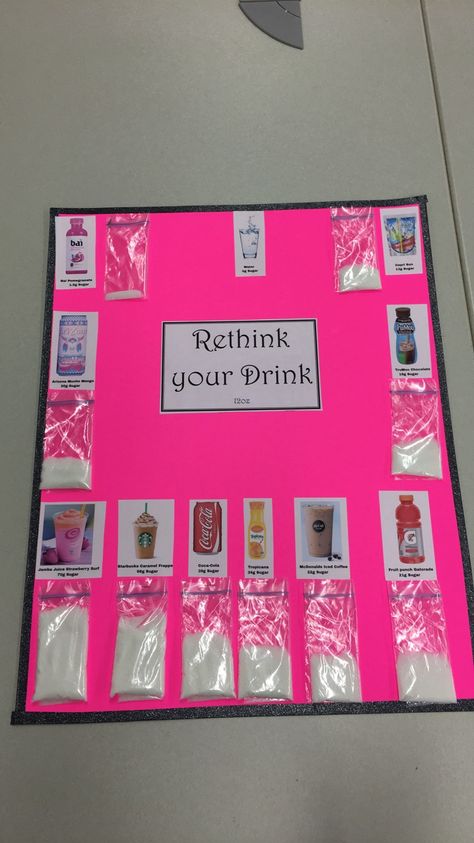 Bulletin Board. Rethink your drink! Health Classroom, Screening Ideas, Rethink Your Drink, Health Screening, Bulletin Boards, Bulletin Board, Drinking Water, Drinks, Health