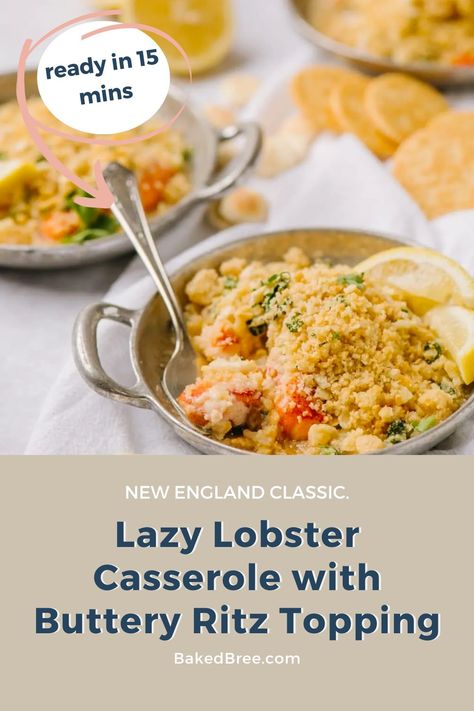 Lazy Lobster Casserole with Buttery Ritz Topping - a New England classic. Tender lobster chunks swimming in a garlic butter sauce and topped with crunchy cracker topping. Sometimes called a Lobster Casserole. This can also be the base of a lobster scampi too. Recipes Using Lobster Meat, Lobster Casserole Recipes, Lazy Lobster, Lobster Pie, Lobster Scampi, Lobster Casserole, Lobster Recipes Easy, Baked Lobster, Lobster Recipe