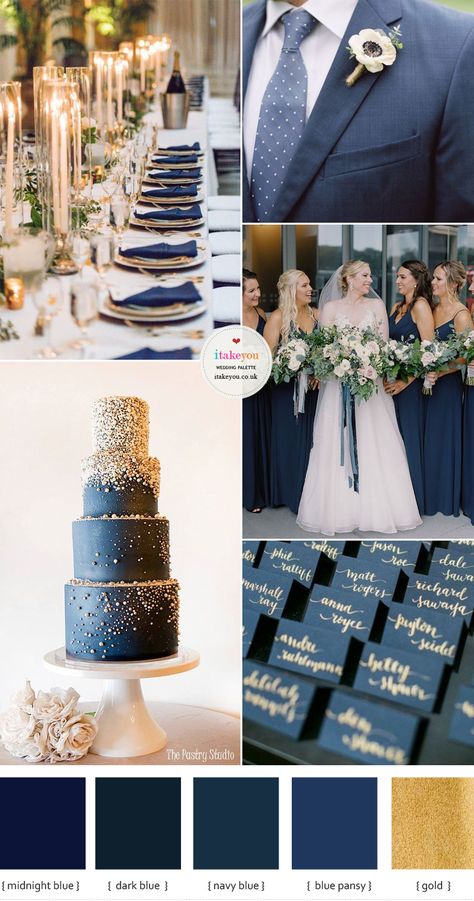 Blue and Gold Wedding Colour Theme For An Elegant Wedding Dark Navy And Gold Wedding, Navy Blue And Dusty Blue Wedding Decorations, Midnight Blue And Champagne Wedding, Wedding Blue Gold White, Dusty Blue Navy And Gold Wedding, Wedding Ideas Blue And Gold, Shades Of Blue Wedding Colour Palettes, Dusty Blue And Gold Wedding Theme, Blue And Gold Wedding Decorations