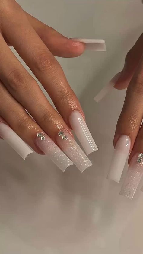 Nails Simple With Diamond, White Long Square Nails With Designs, Cute White Nails With Initials, Engagement Nails Square Long, Soft White Nails Acrylic Rhinestones, Acrylic Nail Designs Wedding Guest, Cute Simple Baddie Nails, Cute First Time Acrylic Nails, Milky White Birthday Nails