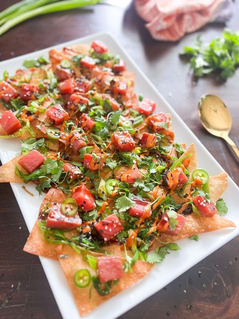 Poke Nachos Recipe, Tuna Poke Nachos, Poke Nachos, Classic Nachos, Tuna Appetizer, Tuna Nachos, Chips And Queso, Dessert Nachos, Ahi Tuna Poke