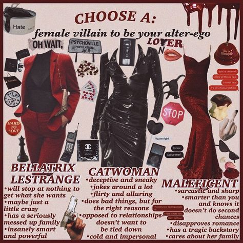 is crying in class punk rock? on Instagram: “— 🥀┇Choose a female villain to be your alter ego! 🌚┇follower count: 1962 🍄┇01.11.19┇09:35 pm — hey guys! i have such a conflict over…” How To Make An Alter Ego, Female Villain Outfit, Villain Era Outfits, Alter Ego Ideas, Punk Rock Aesthetic Outfits, Villain Clothes, Villain Female, Alter Ego Aesthetic, Villain Era Aesthetic