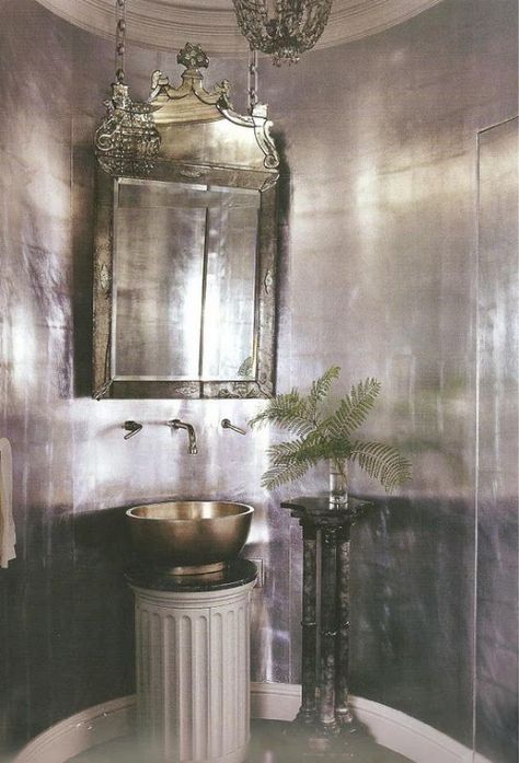 i figure there had to have been a better way to hang such a gorgeous mirror other than chain link, and take away the column pedestal sink stand and the other plant holder pedestal and this room might be really really special Silver Bathroom, South Shore Decorating, Silver Wallpaper, Silver Walls, Mirror On The Wall, Wall Finishes, Bath Room, Venetian Mirrors, Wallpaper Mural