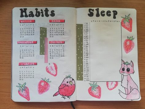 Strawberry Bullet Journal, April Journal, Screen Time Tracker, Sleep Log, Bullet Journal For Beginners, Bujo Ideas, Notebook Ideas, Bear Theme, Birthday Special