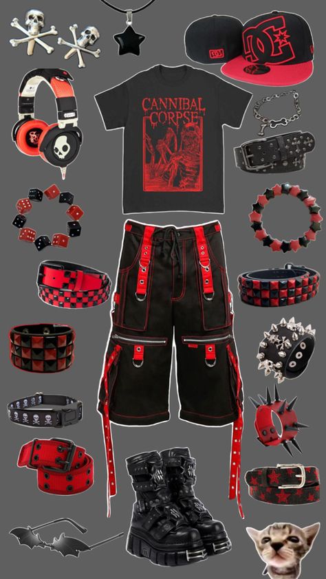 Fed and Blacl emo outfit collage Red And Black Emo, Red Grunge Outfit, Goth Boy Outfits, 2000s Alt Fashion, Cute Emo Outfits, Emo Outfit, Punk Style Outfits, Scene Outfits, Outfit Collage