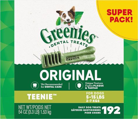 About this item 1. Contains one (1) 54 oz. 192-count pack of GREENIES Original TEENIE Natural Dental Dog Treats; Natural Dog Treats Plus Vitamins, Minerals and Other Nutrients 2. The unique texture of GREENIES Dog Chews cleans down to the gumline to fight plaque and tartar and freshen breath Dog Dental Treats, Best Treats For Dogs, Dog Breath, Dental Treats, Dog Dental, Natural Dog Treats, Training Treats, Dog Chews, Teeth Cleaning