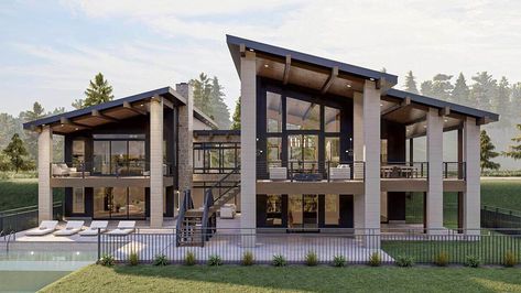 Lake House Plans Big Windows, Lakehouse Floor Plans, Modern Mountain Style, Lakefront House Plans, Modern Mountain Home Exterior, Modern Ranch House Plans, Modern Lakehouse, Modern Mountain House Plans, Mountain Style Homes