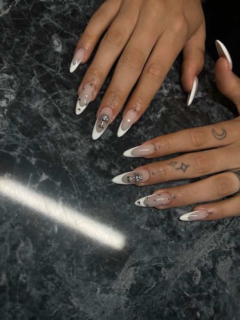 Silver Nails With Cross, Almond Cross Nails, Almond Nails With Cross Charm, French Nails With Cross, Almond Nails With Cross, White Cross Nails, White Nails With Cross, Black Nails With Cross, Y2k Almond Nails