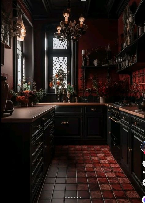 Whimsigoth Room, Black Kitchen Ideas, Goth Kitchen, Goth Houses, Gothic Kitchen, Dark Home Decor, Dark Kitchen, Kitchen Ideas Dark Cabinets, Kitchen Ideas Dark