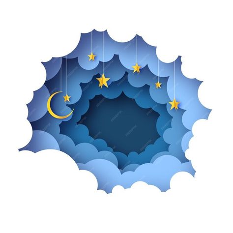 Premium Vector | Sky and star crescent cloudy paper cut art night sky clouds paper craft style volumetric cloudscape round frame layered tunnel blue vector