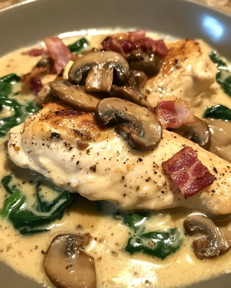 Smothered Chicken: Sautéed Mushrooms: Creamed Spinach: Serving: This combination of smothered chicken with sautéed mushrooms … Smothered Chicken With Creamed Spinach And Mushrooms, Heathly Dinner Recipes, Smothered Chicken With Creamed Spinach, Chicken With Creamed Spinach, Chicken Spinach Mushroom, Asiago Chicken, Sautéed Mushrooms, Spinach Mushroom, Smothered Chicken