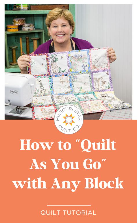 Save this Easy How to "Quilt As You Go" with Any Block Tutorial! Jenny teaches you a simple way to use a quilt as you go method when using antique blocks. Missouri Quilt Tutorials, Beginner Quilt Tutorial, Missouri Star Quilt Company Tutorials, Missouri Star Quilt Tutorials, Everything But The Kitchen Sink, Missouri Quilt, Patty Cake, How To Quilt, Missouri Star Quilt Company