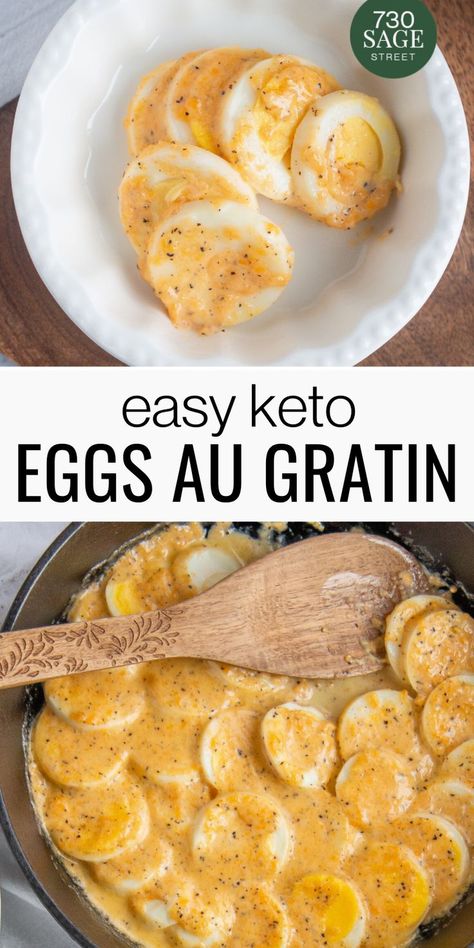 You won't even miss the potatoes in this easy and delicious eggs au gratin recipe made with sliced hard boiled eggs and a creamy cheese sauce.#breakfast #onthetable #easyrecipes #keto Eggs Meat Cheese Diet, Eggs Au Gratin, Keto Boiled Egg Recipes, Keto Hard Boiled Egg Recipes, Hard Boiled Eggs Recipe Meals, Carnivore Egg Recipes, Carnivore Diet Recipes Dinner, Egg Fast Recipes, Keto Egg Recipes