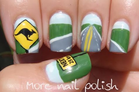 Aussie Nails - Kangaroo road signs #2 | More Nail Polish Road Trip Nail Designs, Road Trip Nails, Trip Nails, Rodeo Nails, Deadly Animals, Green Land, Snowflake Nail Art, Picture Polish, Sign Image