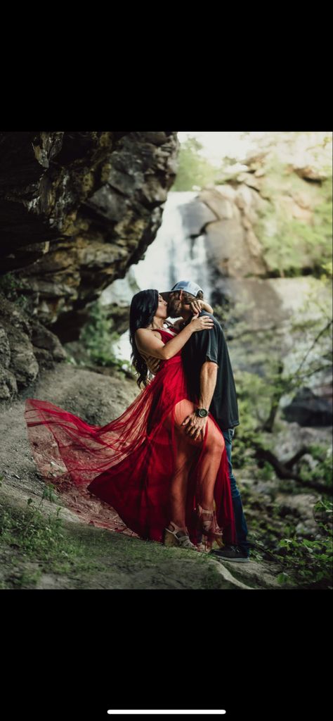 Couples Photos Red Dress, Couples Photoshoot Long Dress, Family Waterfall Photoshoot, Burgundy Dress Engagement Pictures, Waterfall Family Photoshoot, Red Dress Engagement Pictures, Maternity Waterfall, Wife Photoshoot, Waterfall Pics