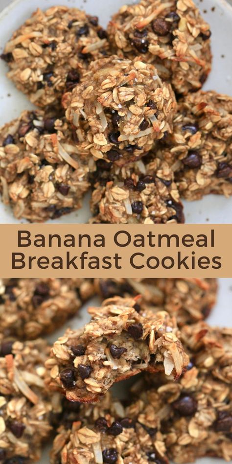 Soft-baked, hearty Banana Breakfast Cookies made in under 25 minutes with easy ingredients like oats, peanut butter, and coconut. Kids love these, and parents love that they're packed with whole grains, fiber and protein! Banana Oatmeal Breakfast Cookies, Blackberry Oatmeal, Healthy Banana Oatmeal, Banana Breakfast Cookie, Cookies Making, Oatmeal Breakfast Cookies, Biscuits Diététiques, Cookies Gluten Free, Banana Oatmeal Cookies