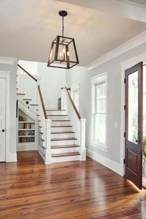 Entrance Lobby Ceiling Design Modern, Stairway Chandelier Farmhouse, Front Entry Light Fixture, Lobby Ceiling Design Modern, 1910s House Interior, Marsh Wedding, Entry Way Lighting, Modern Farmhouse Staircase, Dream Barndominium