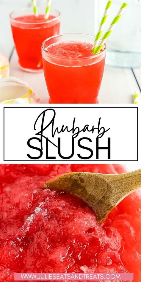 A sweet, tangy summer beverage that's refreshing and delicious. This Rhubarb Slush is a staple that's addicting and so refreshing. The perfect tang from rhubarb and lemonade and sweetness. Scoop up a glass full of this summer slush recipe today! Rhubarb Slush, Rhubarb Punch, Homemade Summer Drinks, Lemonade Slush, Vodka Slush, Rhubarb Juice, Freeze Rhubarb, Slushy Drinks, Fresh Rhubarb