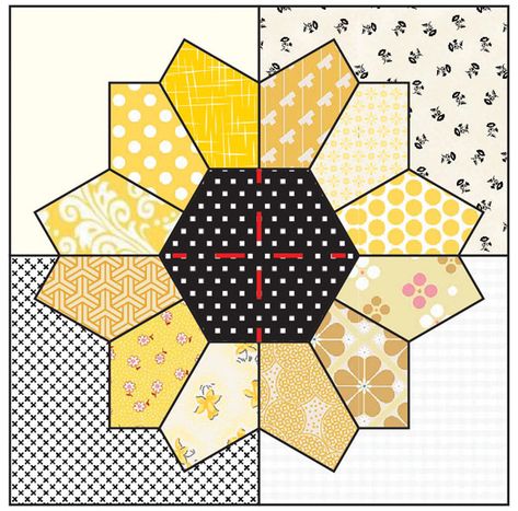 Sunflower Paper Piecing Pattern, Sue Daley English Paper Piecing Patterns, Easy Hexagon Quilt, Sunflower Quilt Block Pattern Free, Sunflower Quilts Ideas, Sunflower Quilt Pattern, Sue Daley English Paper Piecing, Sunflower Quilt Block, Sunflower Quilt