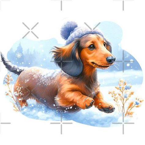 Dachshund Through the Snow - Doxie Winter Painting by Star-Fragment | Redbubble Star Fragment, Dachshund Cartoon, Dachshund Through The Snow, Dachshund Stuff, Snow Painting, Shirt Transfers, Painting Snow, Funny Dachshund, Winter Painting