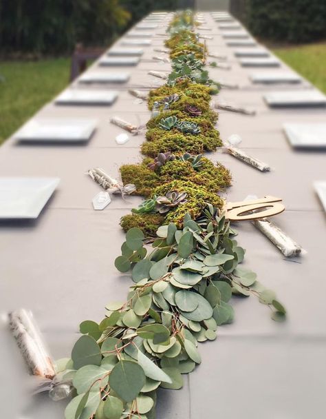 🌟Check out how beautiful this Garland turned out for this outdoor wedding! The Garland is made of Silver Dollar Eucalyptus with Sheet Moss and Succulents added into it. We are so happy that everyone loved it at the wedding! #Garland #weddings #succulents #eventstyling #eventdecor #tablerunner #greenery Moss And Eucalyptus Centerpiece, Eucalyptus Centerpiece, Sheet Moss, Wisteria Wedding, Moss Wedding, Winter Wedding Table, Dollar Eucalyptus, Wedding Garland, Silver Dollar Eucalyptus