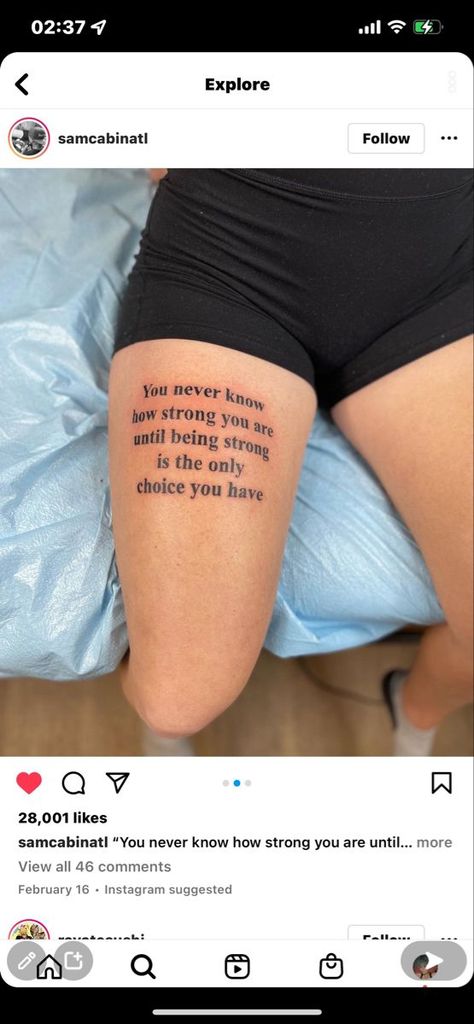 fyee tatt ideaa 💛 |   small tattoos with meaning couples simple High Knee Tattoo, Quote Knee Tattoo, Word Tattoo On Leg, Thigh Saying Tattoos Women, Tatttooo Ideas For Women Leg, Qoutes Tattoos Woman, Leg Text Tattoo, Injury Tattoo Ideas, Thigh Text Tattoo