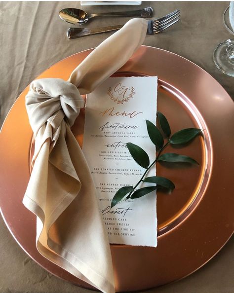 Knot tied napkin Knot Napkins Wedding, Napkin Tied In Knot, Wedding Napkin Knot, Napkin Ties For Wedding, Wedding Table Setting Knotted Napkin, Tied Napkins Wedding, Place Settings With Napkins, Knotted Napkin Fold, Easy Wedding Napkin Folds