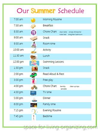 Summer schedule for kids via Space for Living Organizing Summer Daily Schedule, Kids Summer Schedule, Schedule Ideas, Summer Routine, Summer Schedule, Routine Ideas, Schedule Printable, Kids Schedule, Summer Learning