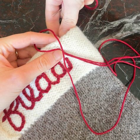 How to Personalize a Christmas Stocking - Originally Lovely Diy Stocking Embroidery, Embroider Name On Stocking, Embroidery On Stocking, Holiday Stockings Ideas, Lined Christmas Stocking Tutorial, Embroider Stockings Diy, Stocking Embroidery Name, How To Knit A Stocking For Beginners, Diy Embroidered Stocking