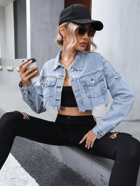 Faster shipping. Better service Long Sleeve Denim Jacket, Off Shoulder Dresses, Distressed Denim Jacket, Cropped Denim Jacket, Other Outfits, Women Denim Jeans, Clothing Size Chart, Womens Clothing Sizes, Cropped Denim