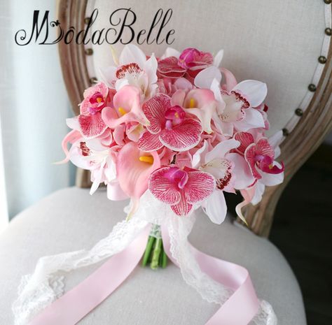 Pink Orchids Bouquet, Simple Church Wedding, Pink Calla Lily, White Orchid Bouquet, Orchid Bridal Bouquets, Calla Lily Bridal Bouquet, Orchid Bouquet Wedding, Beach Wedding Pink, Lily Bridal Bouquet