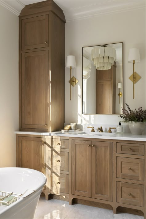 Bathroom Vanity With Linen Cabinet, Vanity With Linen Cabinet, Natural Wood Bathroom Vanity, Bathroom French Country, New House Bathroom, Oak Bathroom, Bathroom Design Inspiration, Bath Cabinets, Bathroom Spa