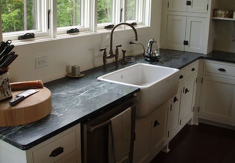 Soapstone Countertops Kitchen, Farm Style Sink, Soapstone Kitchen, Soapstone Counters, White Farmhouse Sink, Kitchen Cabinet Kings, Outdoor Kitchen Countertops, Soapstone Countertops, Light Wood Cabinets