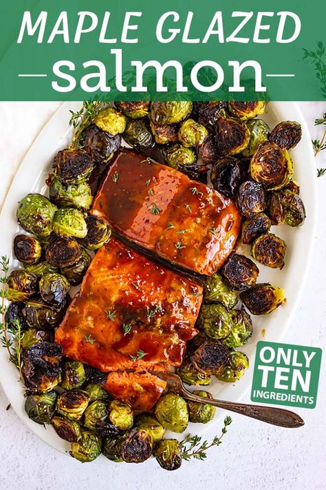 A quick and easy, one pan meal that's perfect for busy weeknights. Maple glazed salmon with Brussels sprouts is delicious, it's salty, sweet, and savory. #weeknightmeals #glutenfreerecipe #dairyfreerecipe #salmonrecipe #brusselssprouts #healthy Maple Soy Salmon, Salmon And Veggies, Oven Roasted Salmon, Maple Glazed Salmon, Quick Salmon, Brussel Sprout Recipes Roasted, Roasted Sprouts, Crusted Salmon, Spicy Salmon