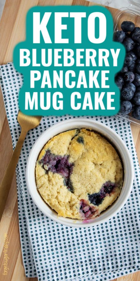 You are going to LOVE this sweet keto treat: Keto Blueberry Pancake Mug Cake! It's keto pancakes in a mug cake form, accented with fresh blueberries and topped with a icing glaze. Serve as a keto snack or low carb snack for a dessert-like recipe without all the carbs and sugar. This faux pancake is made in the microwave in a mug in under two minutes for a quick keto recipe!! Pancake Mug Cake, Blueberries Keto, Keto Icing, Cake With Blueberries, Keto Blueberry Muffins, Quick Keto Breakfast, Blueberry Pancake, Desayuno Keto, Keto Blueberry